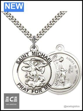 Sterling Silver St. Michael Archangel Pendant 24" Stainless Steel Curb Chain